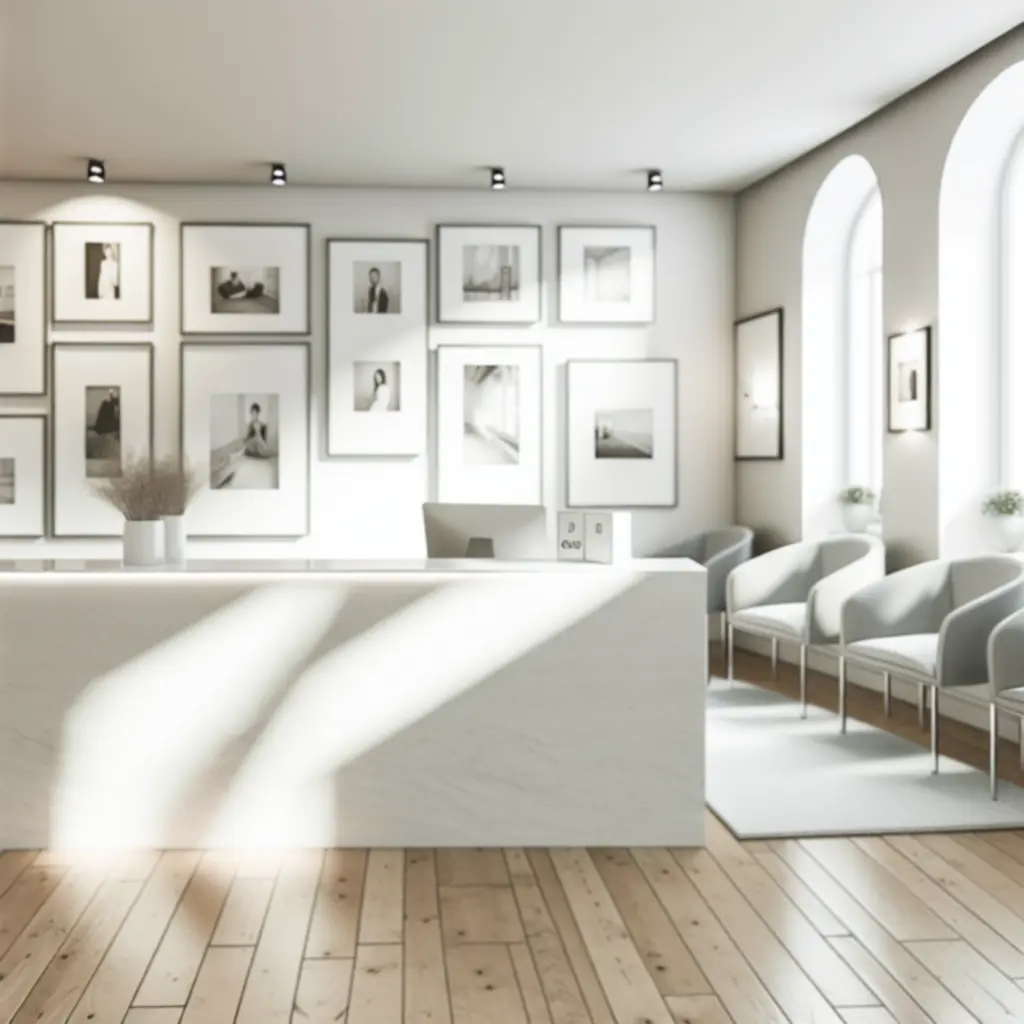 Modern, világos fotóstúdió környezetben zajló professzionális fotózás