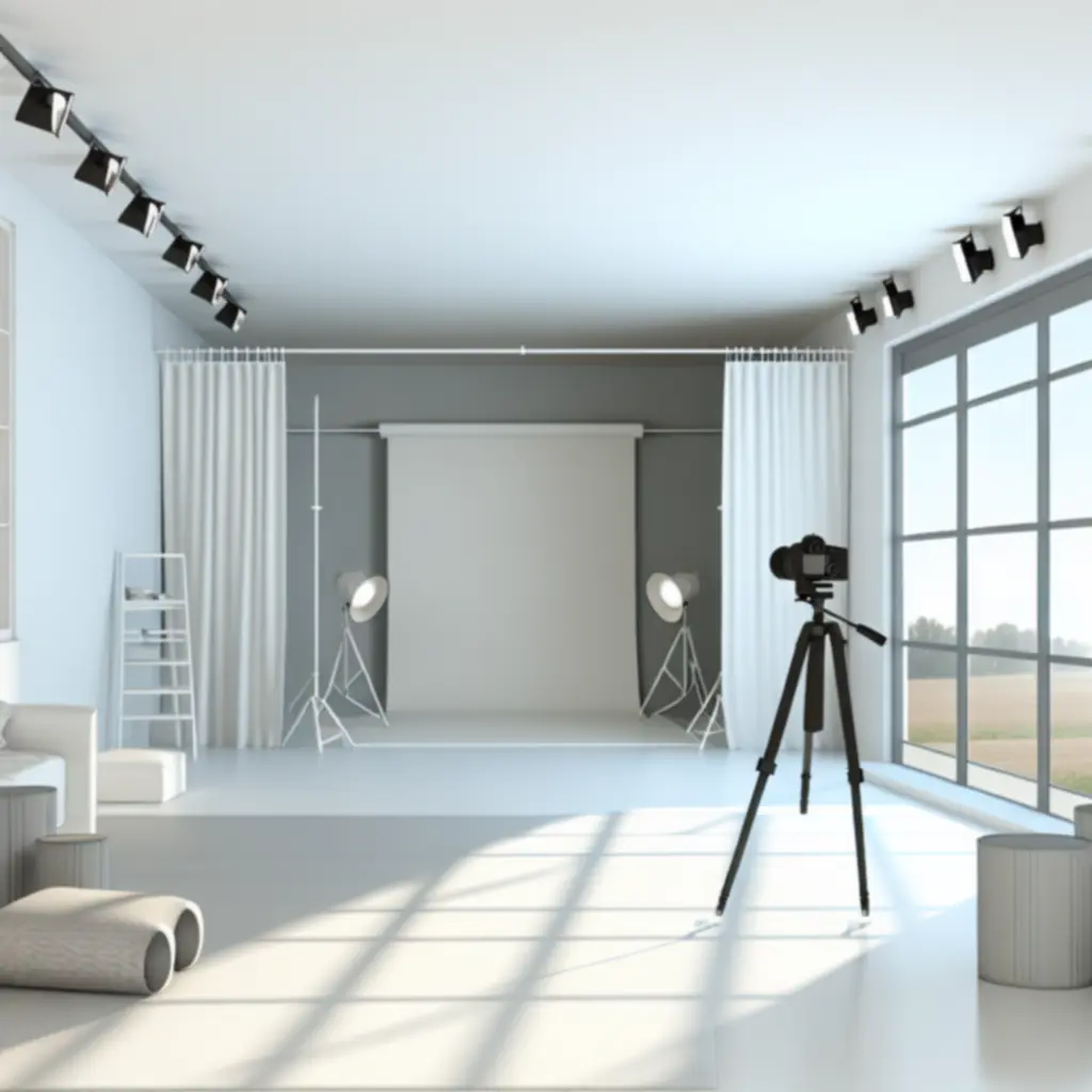 Tágas, világos és modern fotóstúdió belső tér professzionális felszereléssel